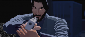 A promotional image of John Wick Hex, featuring a cel-shaded John holding a gun to the camera.